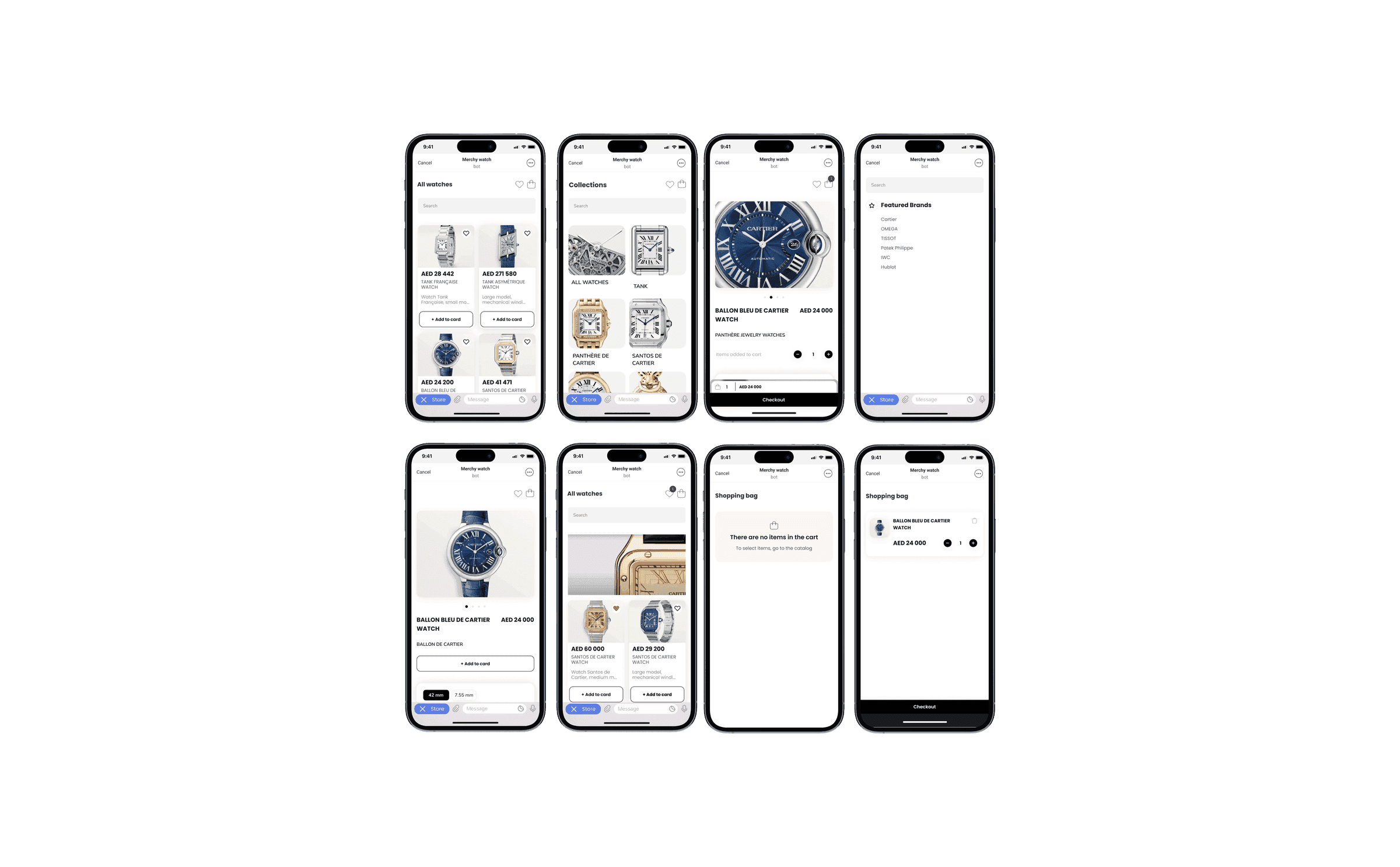 Eight phone screens of the Merchy watch vertical: a catalogue priced in dirhams, collections by model, a product page with a case-size selector, featured brands, an empty shopping bag with its own explanation, and the bag with one watch in it.