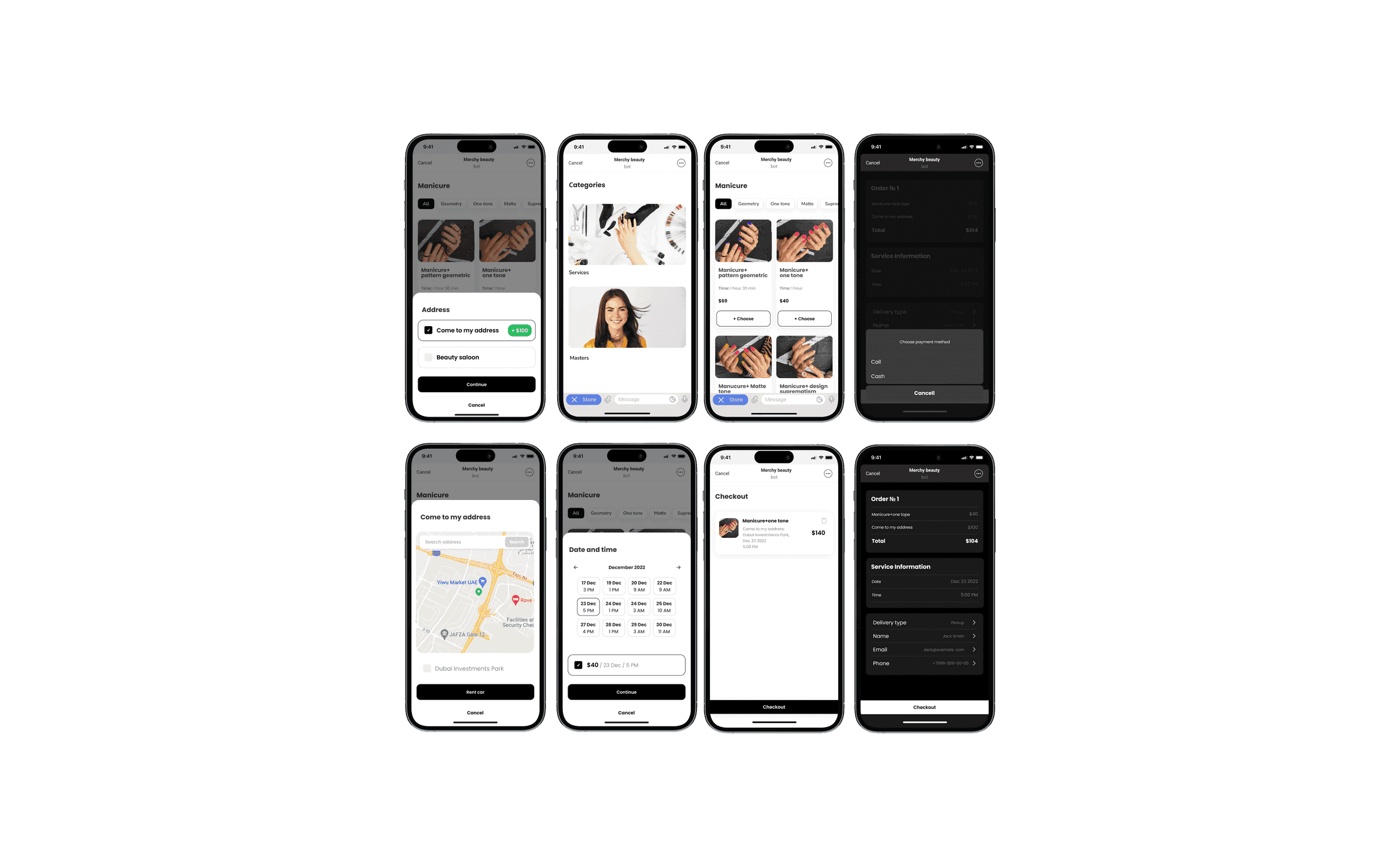 Eight phone screens tracing one Merchy Beauty booking: manicure styles with duration and price, a choice between the salon and a home visit that adds to the total, address on a map, an appointment slot picker, payment method, checkout and the order summary.