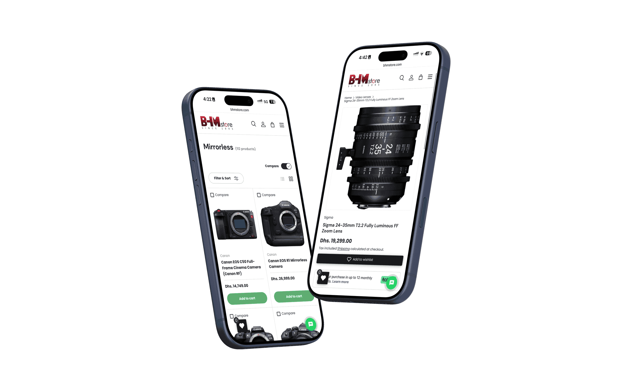 Two phones on bhmstore.com: a Mirrorless listing of 112 products with a Compare toggle and Filter & Sort controls, and a product page for a Sigma 24–35mm T2.2 cine lens at Dhs. 19,299.00.