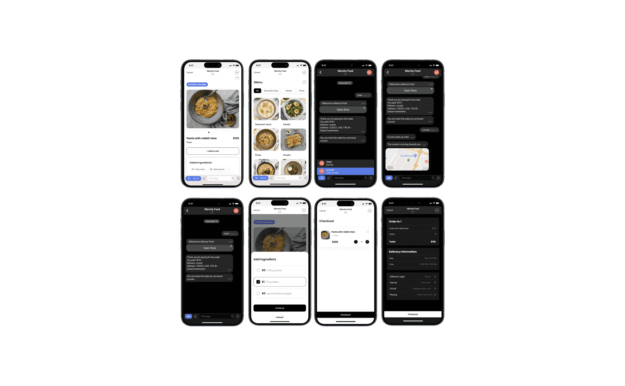 Eight phone screens tracing one Merchy Food order: a dish carrying a “Contains lactose” badge, priced ingredient add-ons, the menu, payment confirmed in chat with the delivery address, courier tracking on a map, checkout, and the order summary.