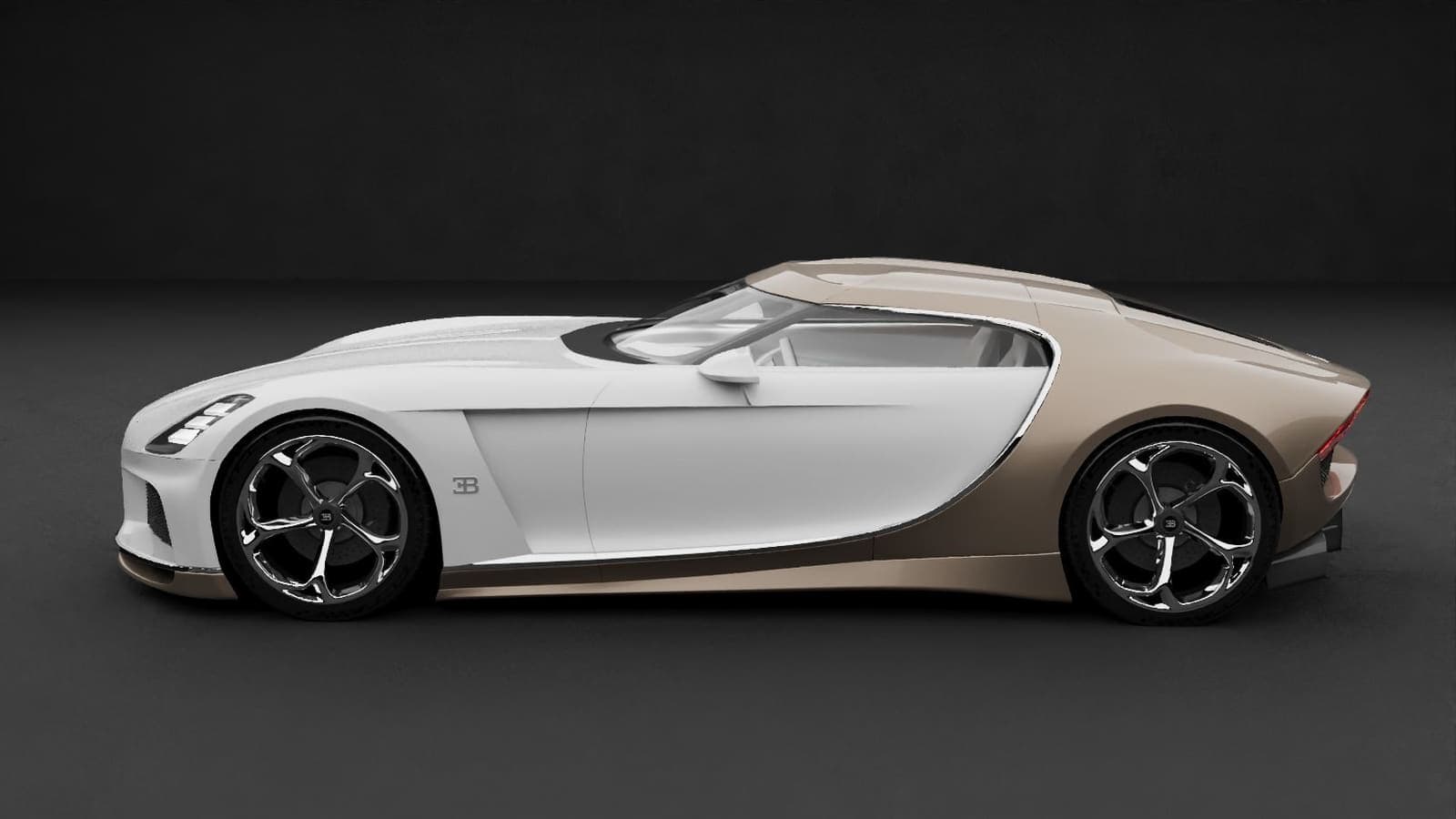 Side elevation of a white two-door car on a dark studio ground, its rear quarter and roof in bronze. A raised line runs from the front wheel arch the length of the body and ends in the rear haunch.