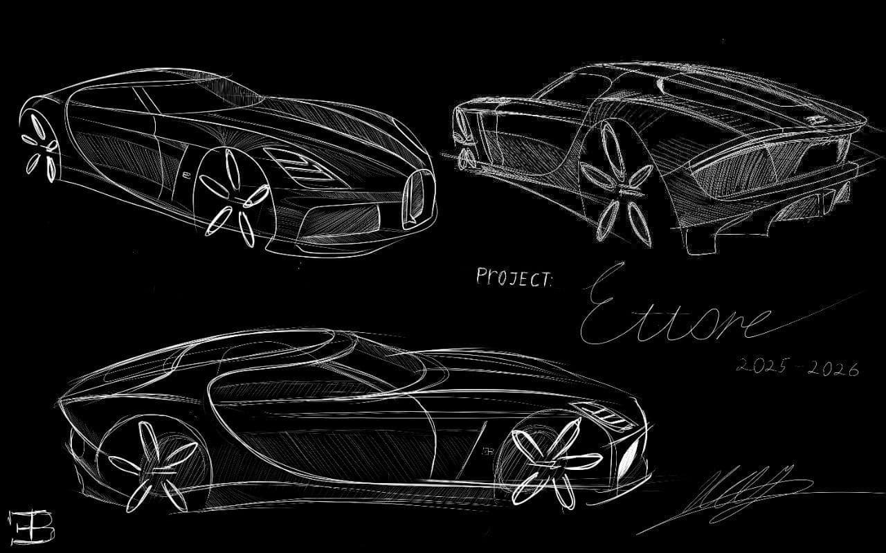 White chalk-style sketches on black: three views of a long, low car with the roofline running unbroken into the tail, the word Ettore written out beside them with the dates 2025–2026 and a signature.