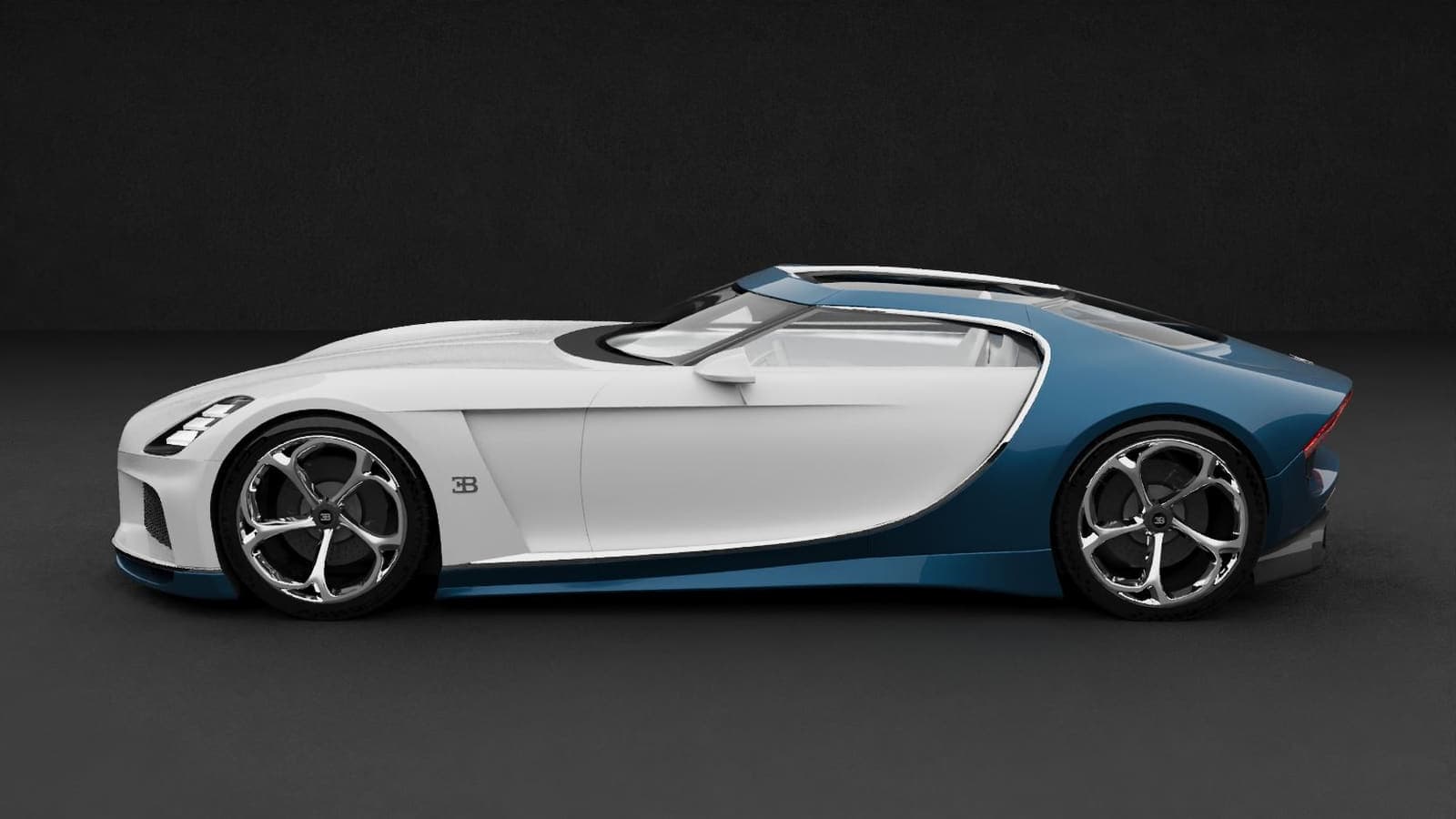 The same car from the same camera position with an open roof and a blue rear quarter. Everything forward of the cabin — nose, front wheel, door, the line along the flank — is identical to the coupe.