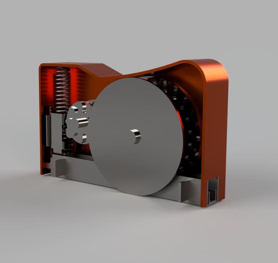 A rendered section through a small orange tool: a large steel disc drives a toothed gear at one end, and behind it a coil spring stands over a hammer, with the staple channel below.