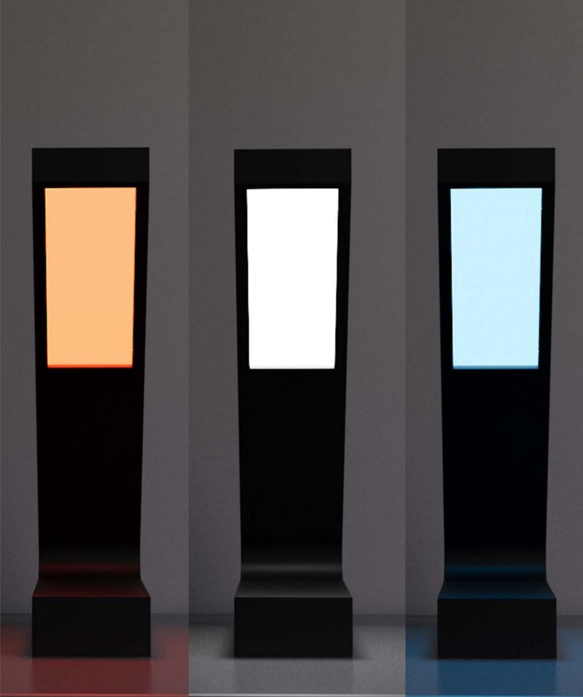 The same lamp photographed three times side by side against dark backgrounds: amber light on the left, neutral white in the middle, cold blue on the right.