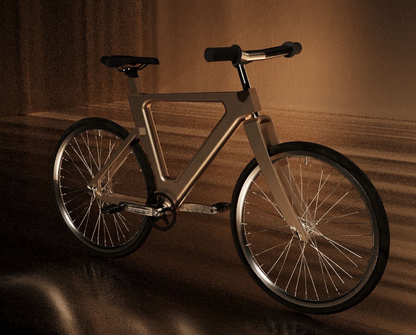 A bicycle photographed in warm low light. The frame is built from flat panels forming two triangles that meet at the seat, with the join between them left open.