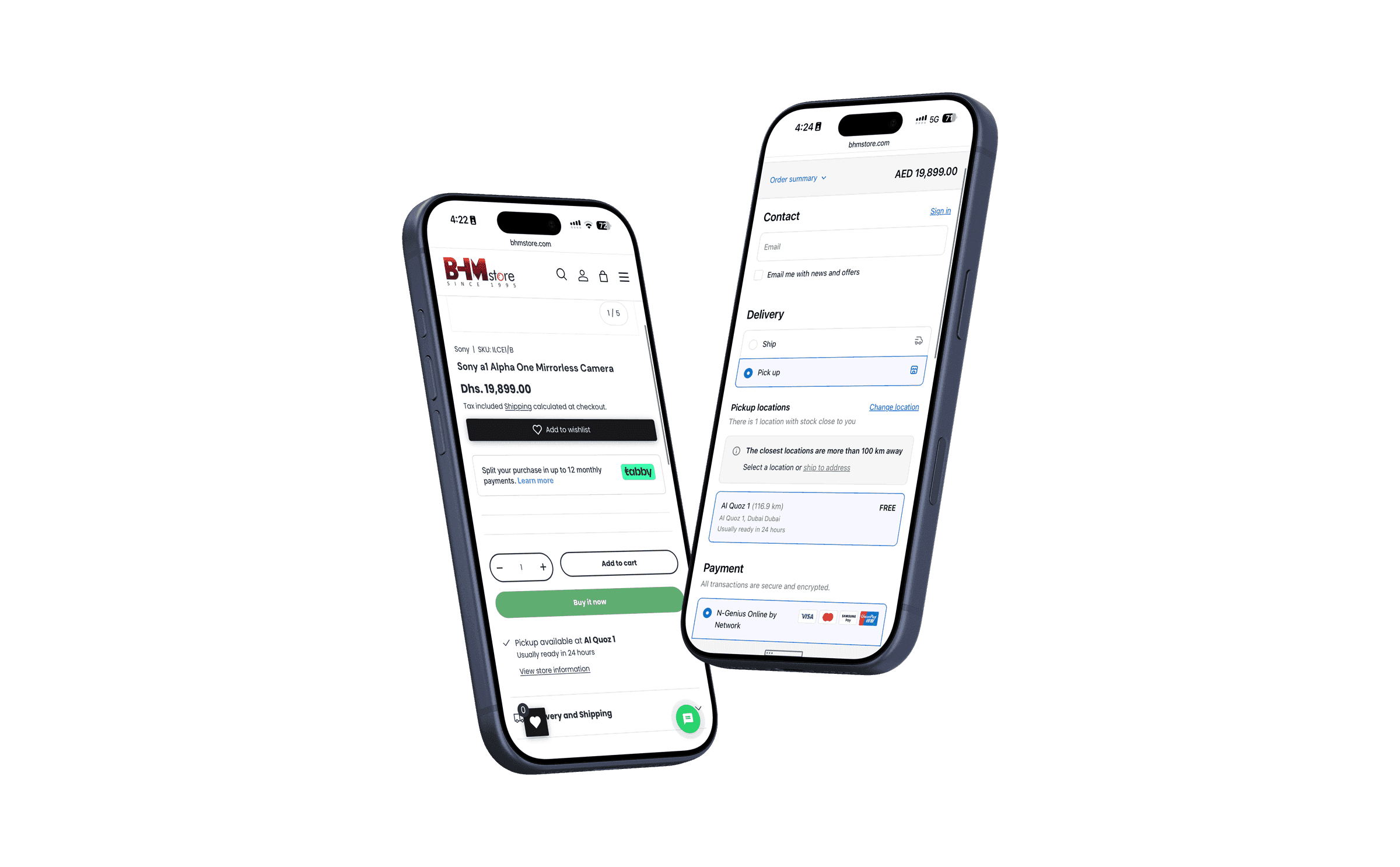 Two phones on bhmstore.com: a Sony a1 product page at Dhs. 19,899.00 offering tabby instalments and pickup at Al Quoz 1 within 24 hours, and the checkout with delivery choice, pickup distance and N-Genius payment.