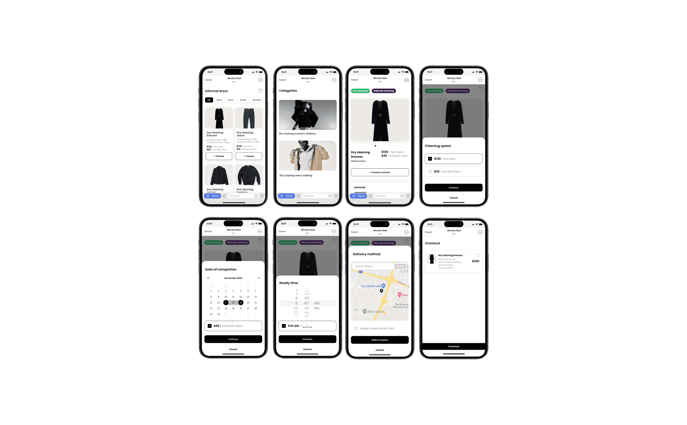 Eight phone screens tracing one Merchy Clean order end to end: catalogue, categories, the item, cleaning speed, completion date, ready time, delivery method on a map, and checkout.
