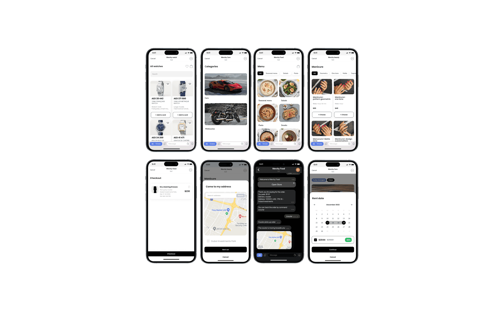 Eight phone screens of Merchy running inside Telegram, one vertical each: watches priced in dirhams, cars and motorcycles, a food menu, manicure booking, a dry-cleaning checkout, address selection on a Dubai map, courier tracking in chat, and a car-rental date picker.
